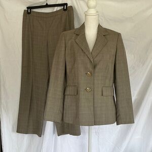 Kasper Two-Piece Plaid Pantsuit in Olive Taupe